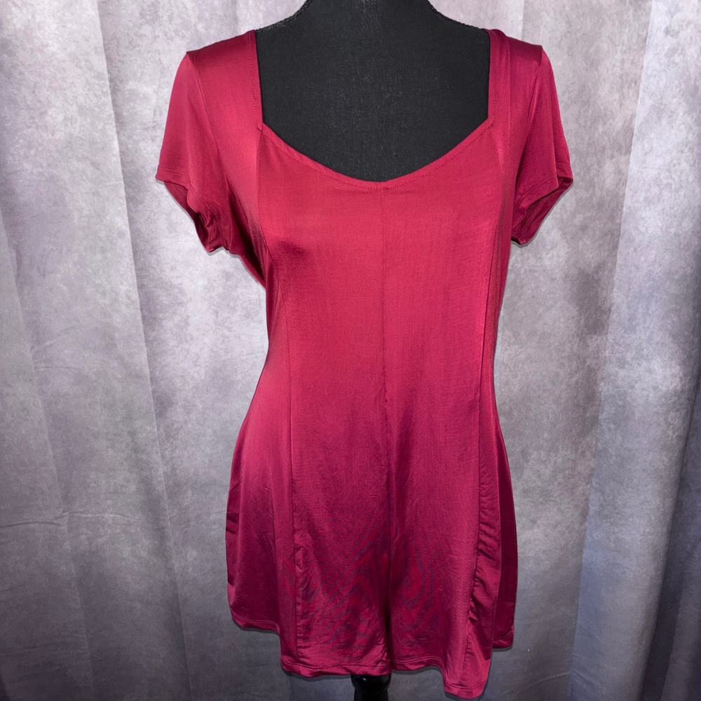 NWT No Comment Womens Large Burgundy Romper Strappy Back Short Sleeve‎ Coquette